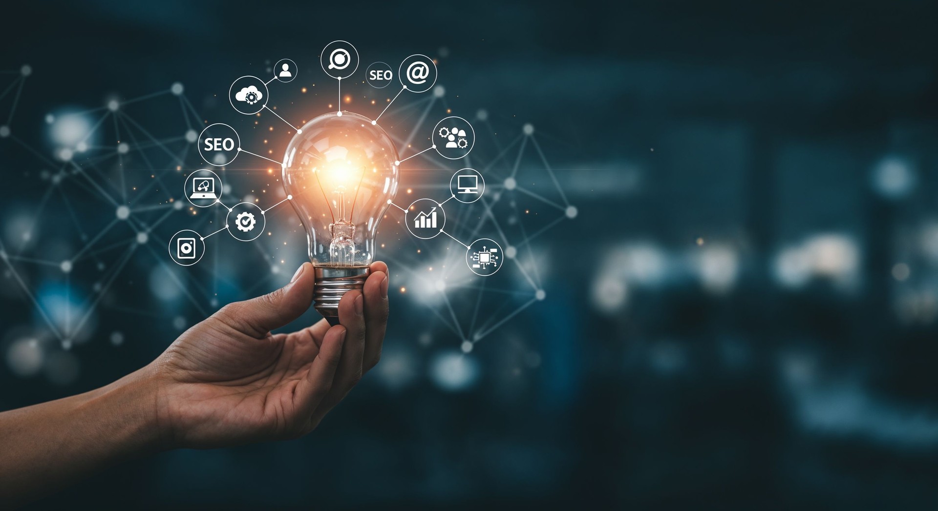 Glowing Light Bulb in Hand with Digital Marketing Icons on Blue Tech Background