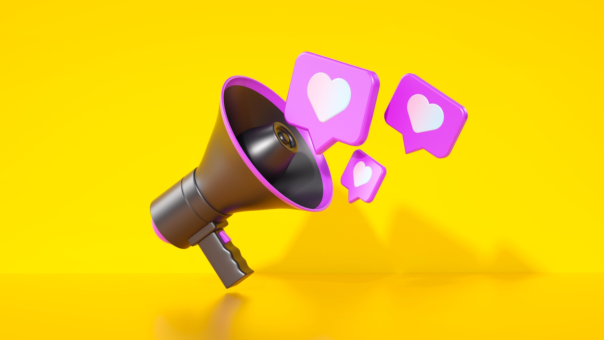 3D megaphone with pink trim, social media likes, heart icons, speech bubbles, bright yellow background, minimalist design, vibrant colors, smooth textures, marketing concept. 3D render.