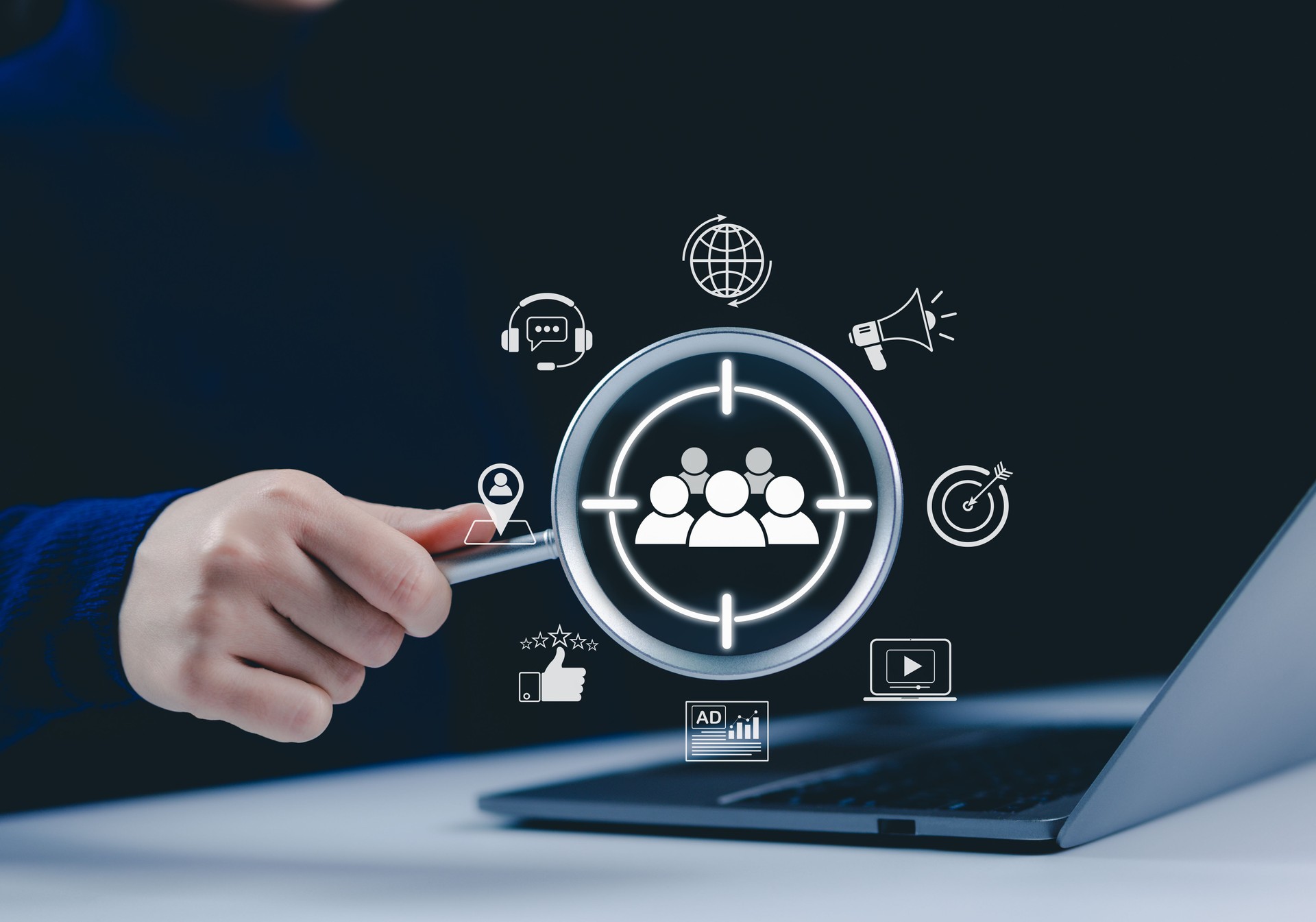 Digital marketing and target audience concept. Magnifying glass over a digital interface with marketing and customer targeting icons, audience analysis, online advertising, and business strategy. AD,